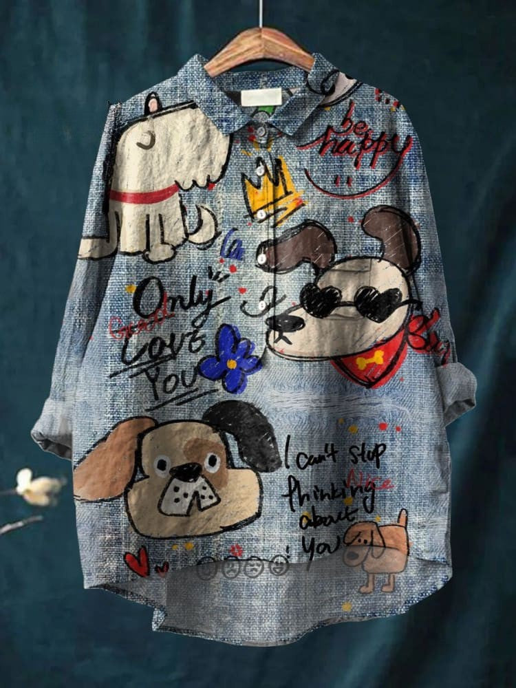 Cute Dog Art Print Casual Cotton And Linen Shirt