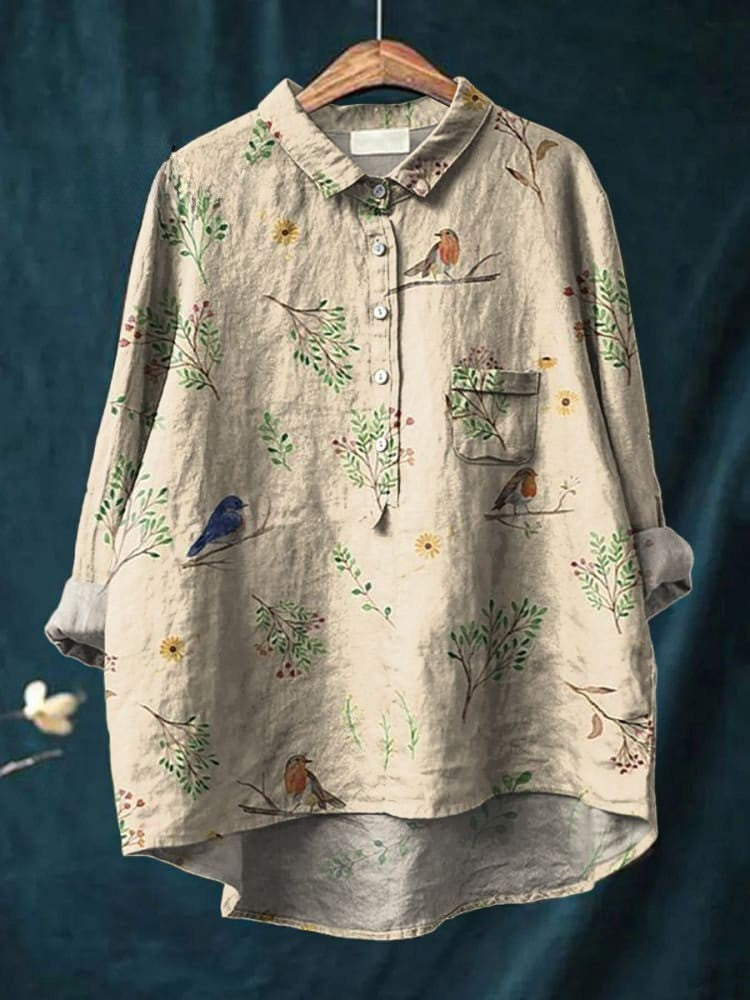 Boughs And Robin Birds Pattern Printed Women's Casual Cotton And Linen Shirt
